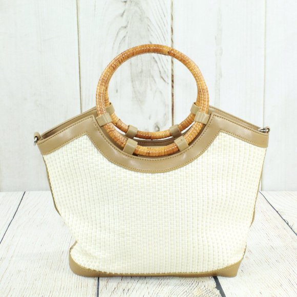 Fossil White Basket Weave Wood Round Handle Leather Trim Satchel Tote Bag Purse - Picture 3 of 10